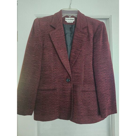 Women's‎ Joan Leslie Tweed Suit Blazer Jacket Burgundy Black Herringbone Pattern - Picture 1 of 8